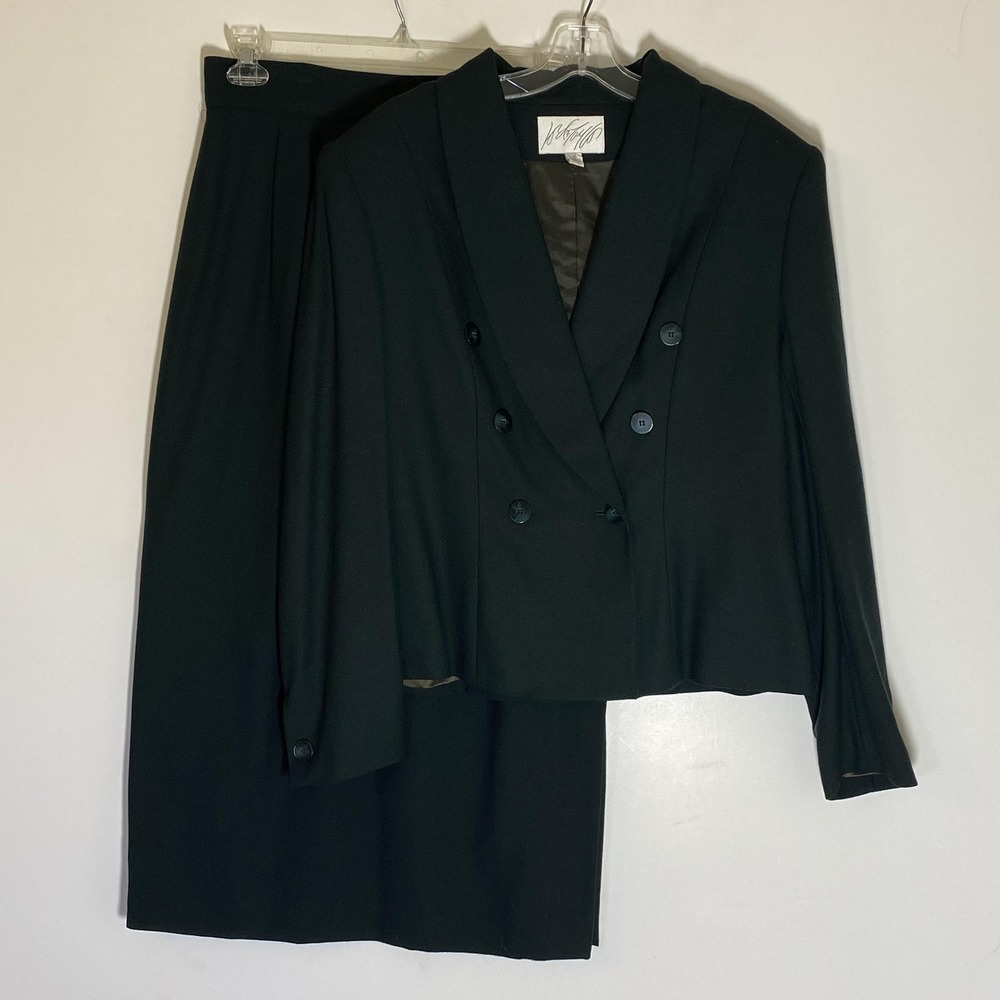 Vintage Lord & Taylor Skirt Suit Womens 14 Green Wool 2 Piece Lined Career 90s